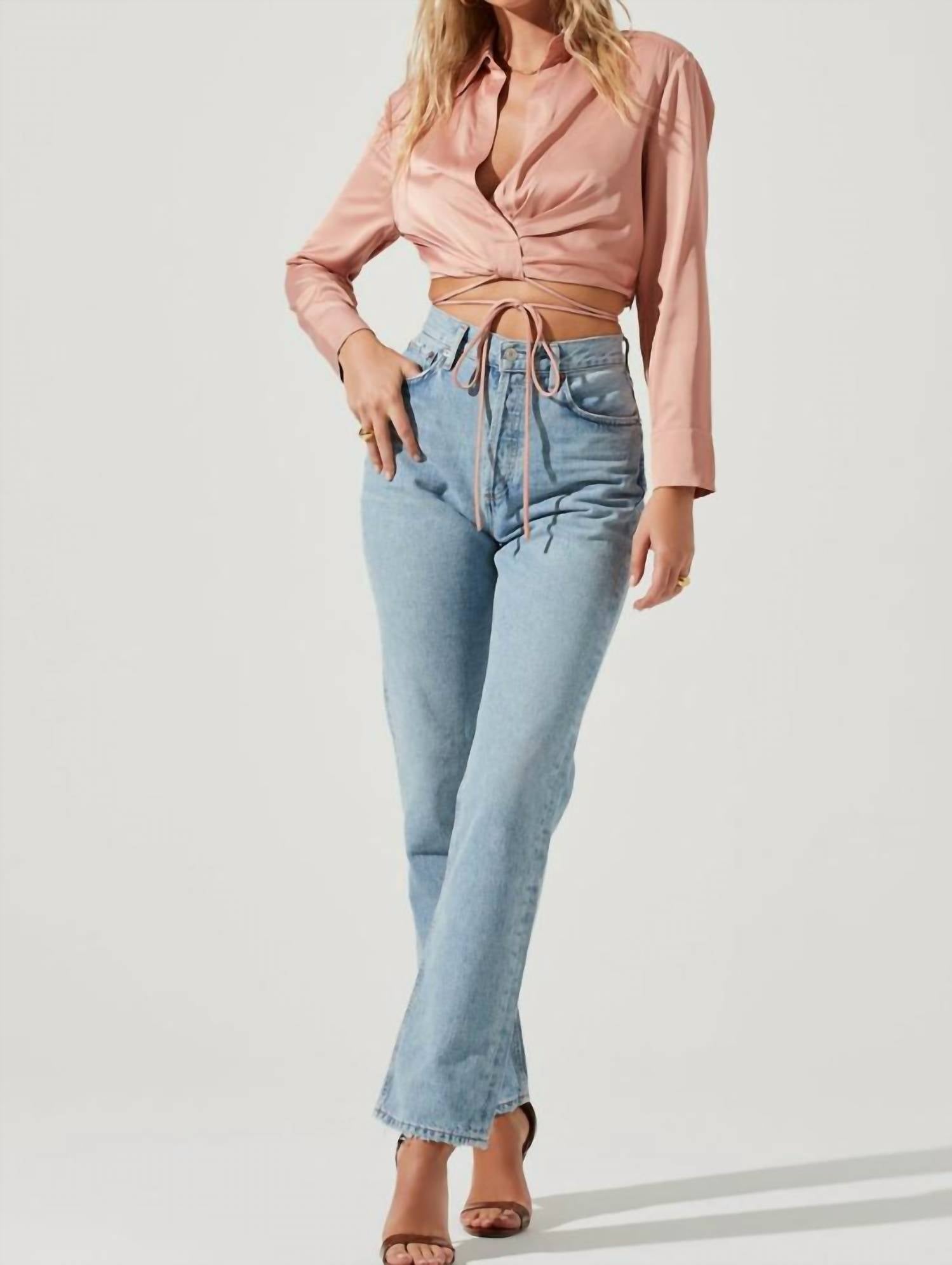 Astr - Perry Satin Wrap Front Tie Waist Top