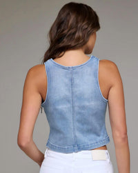 HIDDEN Bodycon Crew Neck Stretch Tank Top in blue denim - women's tank top - detail view