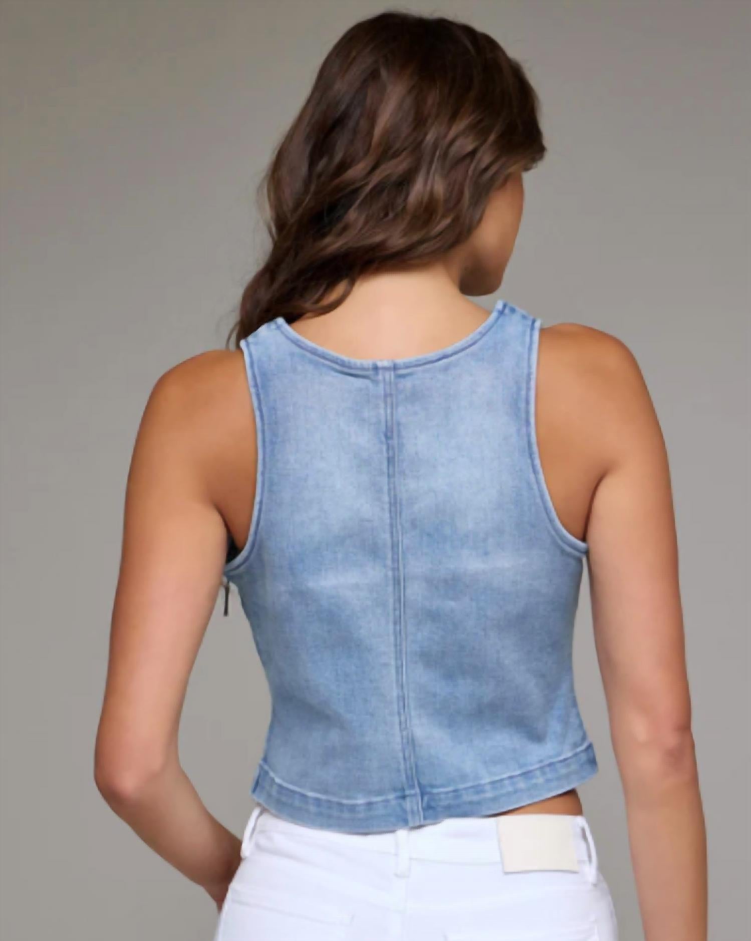 HIDDEN Bodycon Crew Neck Stretch Tank Top in blue denim - women's tank top - detail view