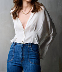 Hevron Regine Deep V-neck Top in ivory - women's long sleeve top