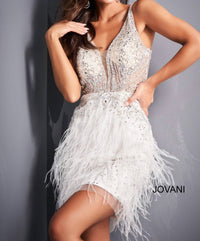 JOVANI Scoop Back Feather Mini Dress in off white - women's dress