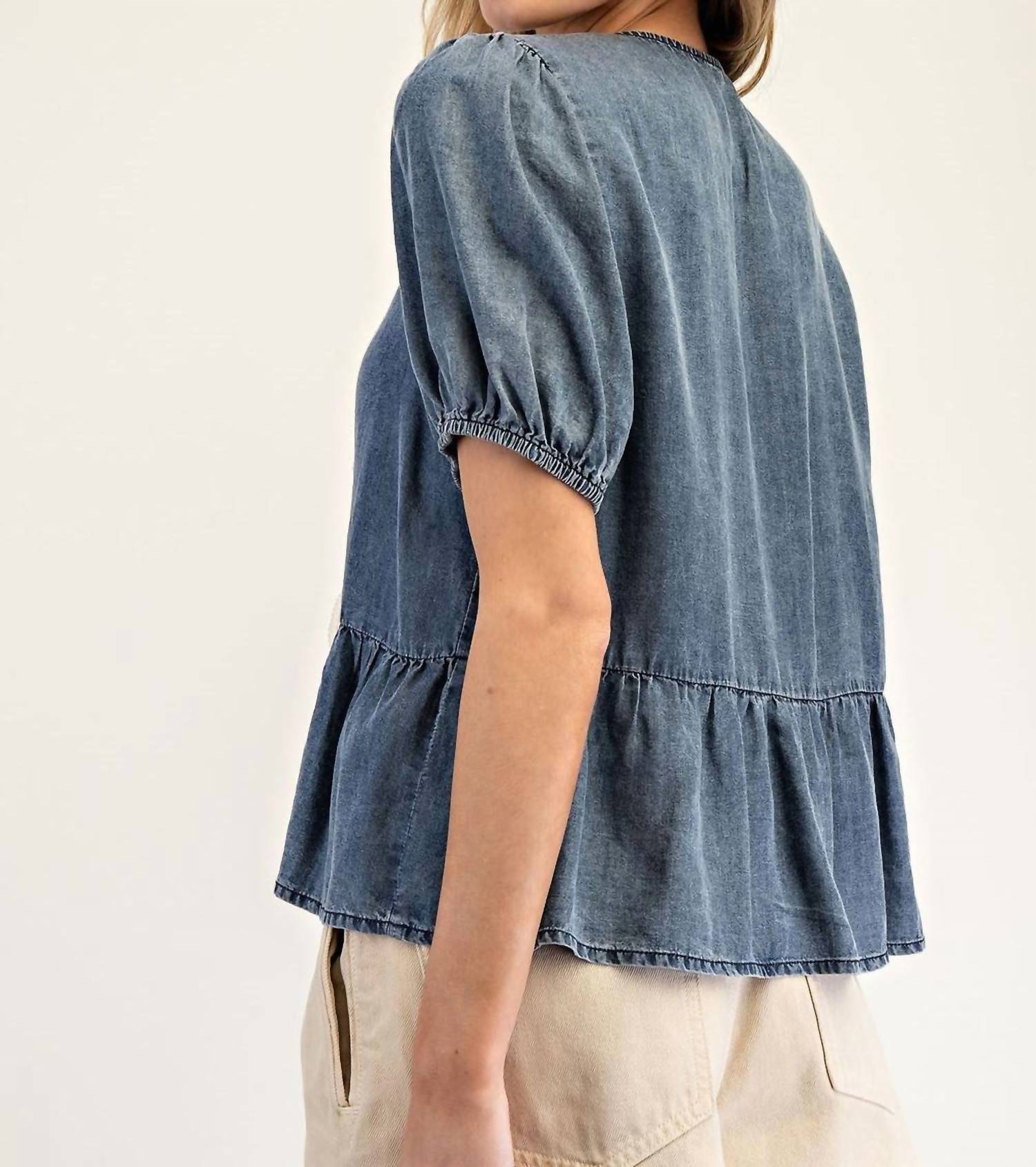Ee:Some - Better With Lace Bow Denim Top