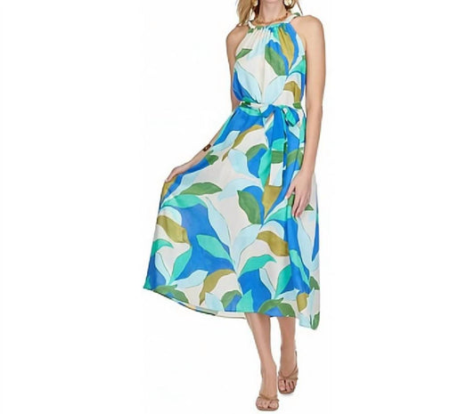 Jade - Braided Neck Tropical Leaves Maxi Dress