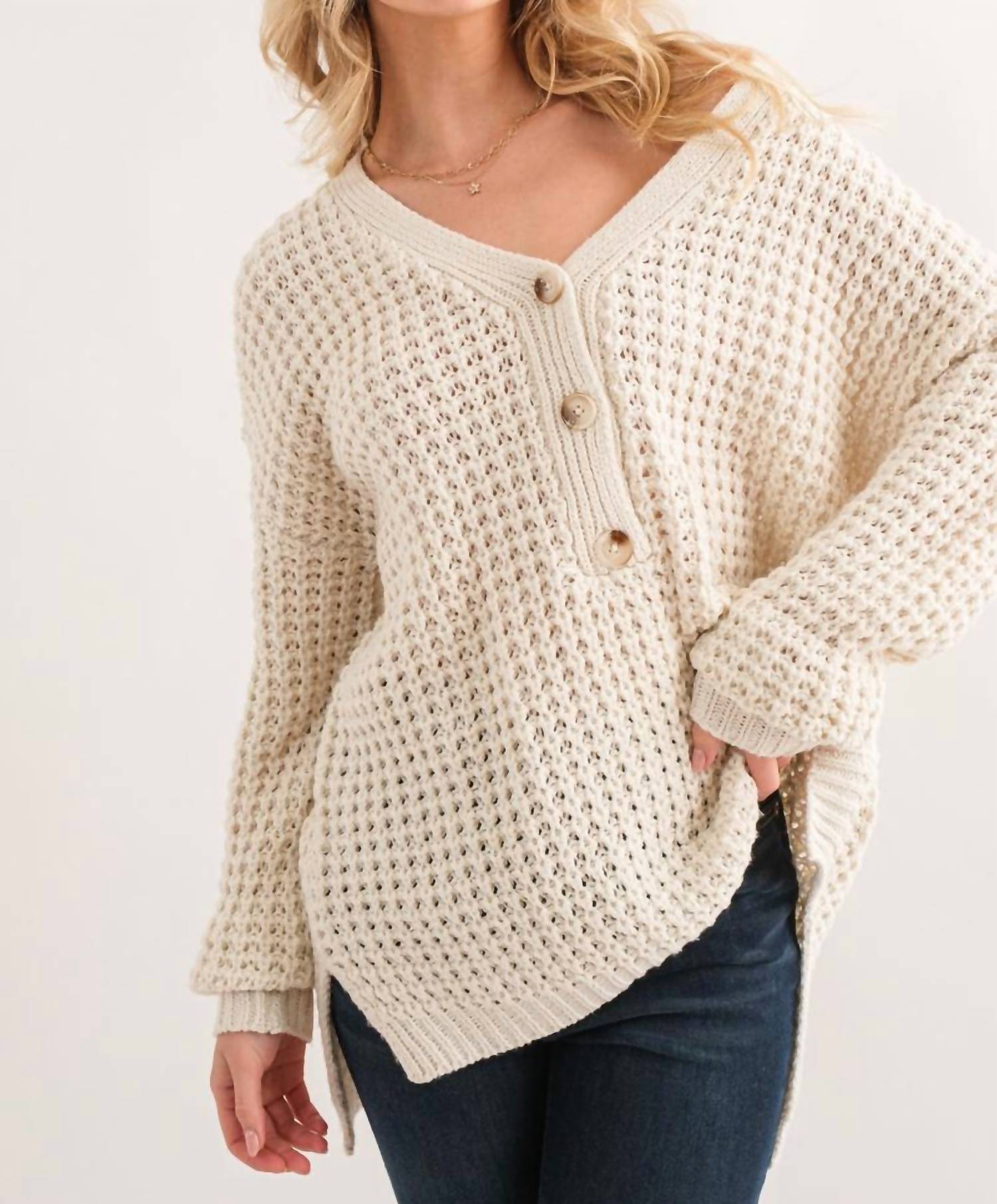 And The Why - Henley Waffle Textured Sweater - Plus