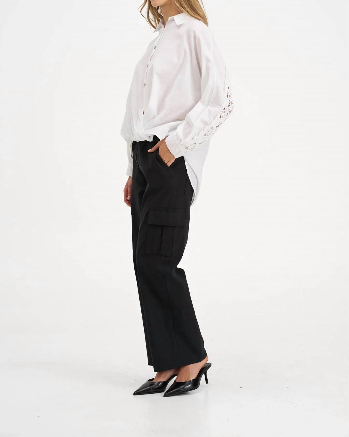 M Made In Italy - Button Front Top With Open Embroidery