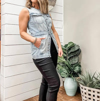 Tribal - Long Sleeveless Denim Jacket With Pockets
