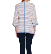 Multiples 3/4 Sleeve Set-In Sleeve Drop Shoulder Sweater Jacket in sleeve drop shoulder sweater jacket in pink striped - women's jacket - detail view