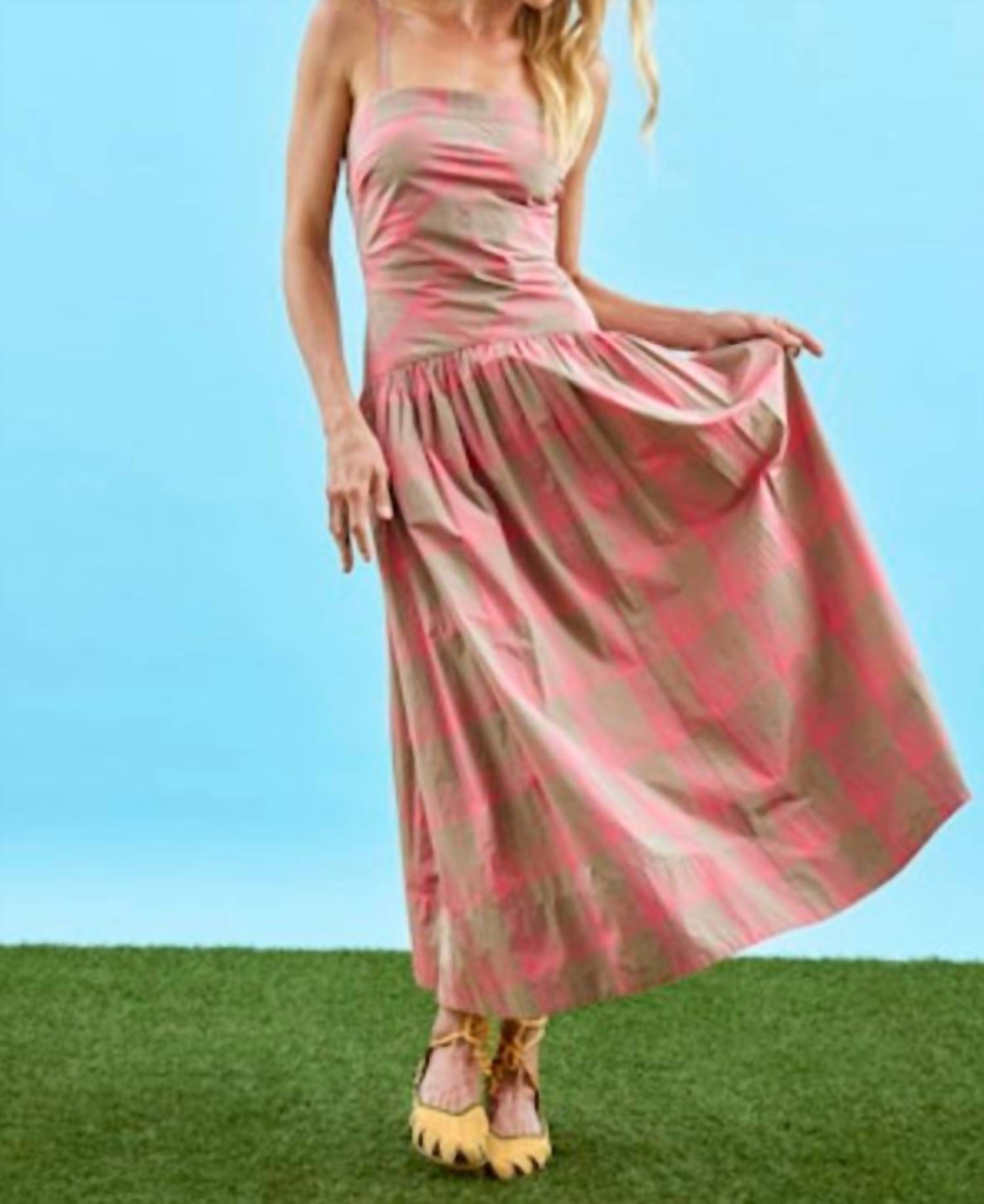 HUNTER BELL Newberry Drop Waist Plaid Midi Dress in day glow check - women's dress - detail view