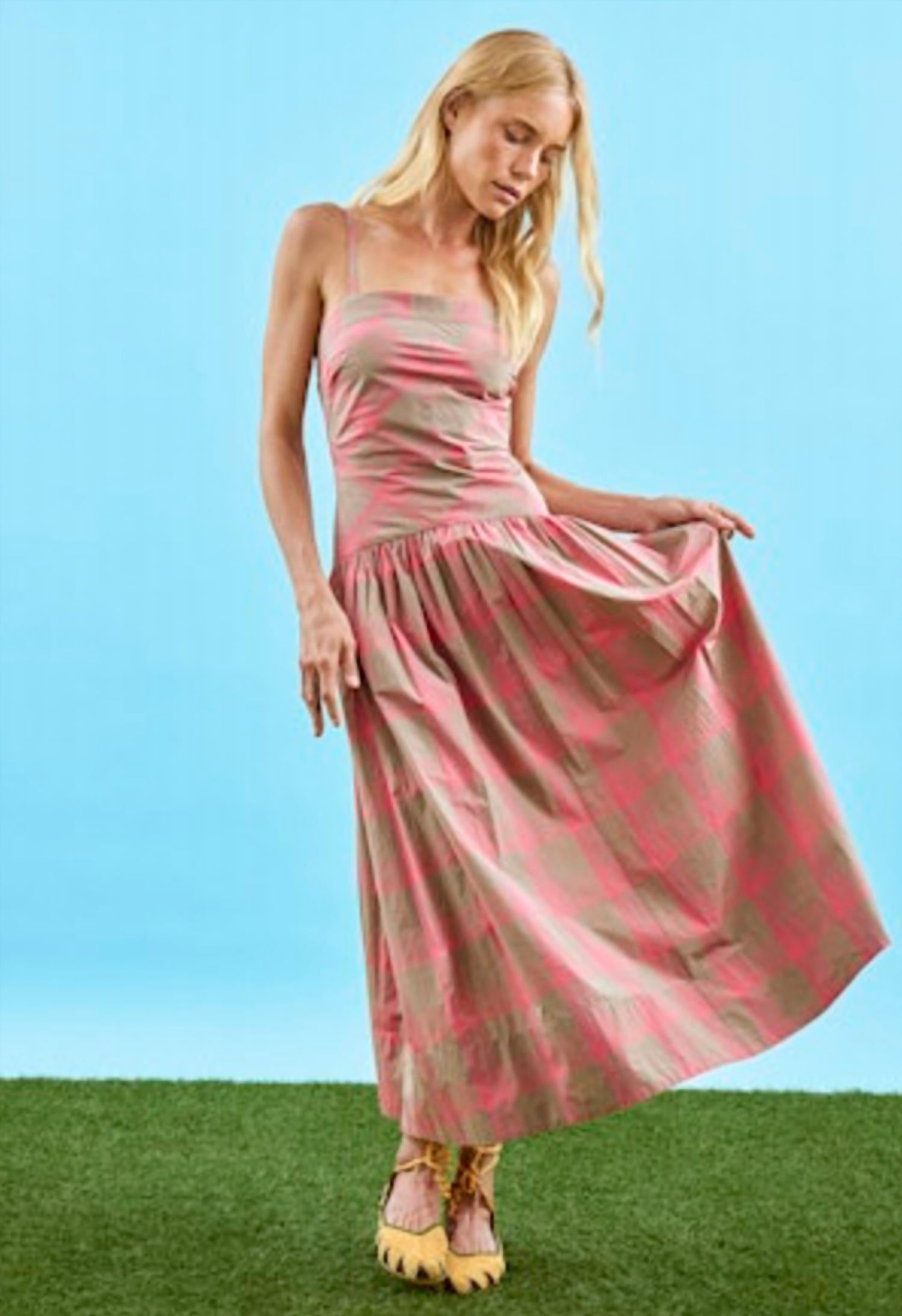 HUNTER BELL Newberry Drop Waist Plaid Midi Dress in day glow check - women's dress - alternate view