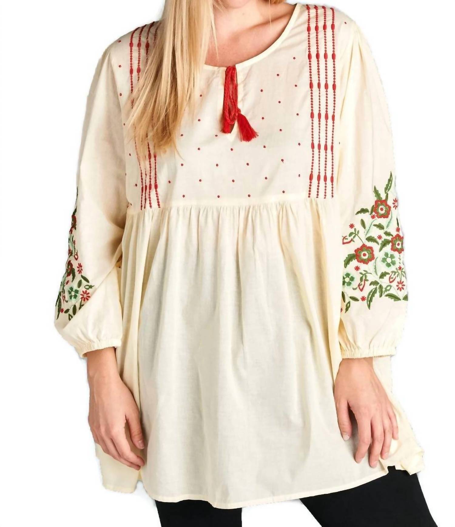 Velzera - Floral Embroidered Peasant Mini Dress