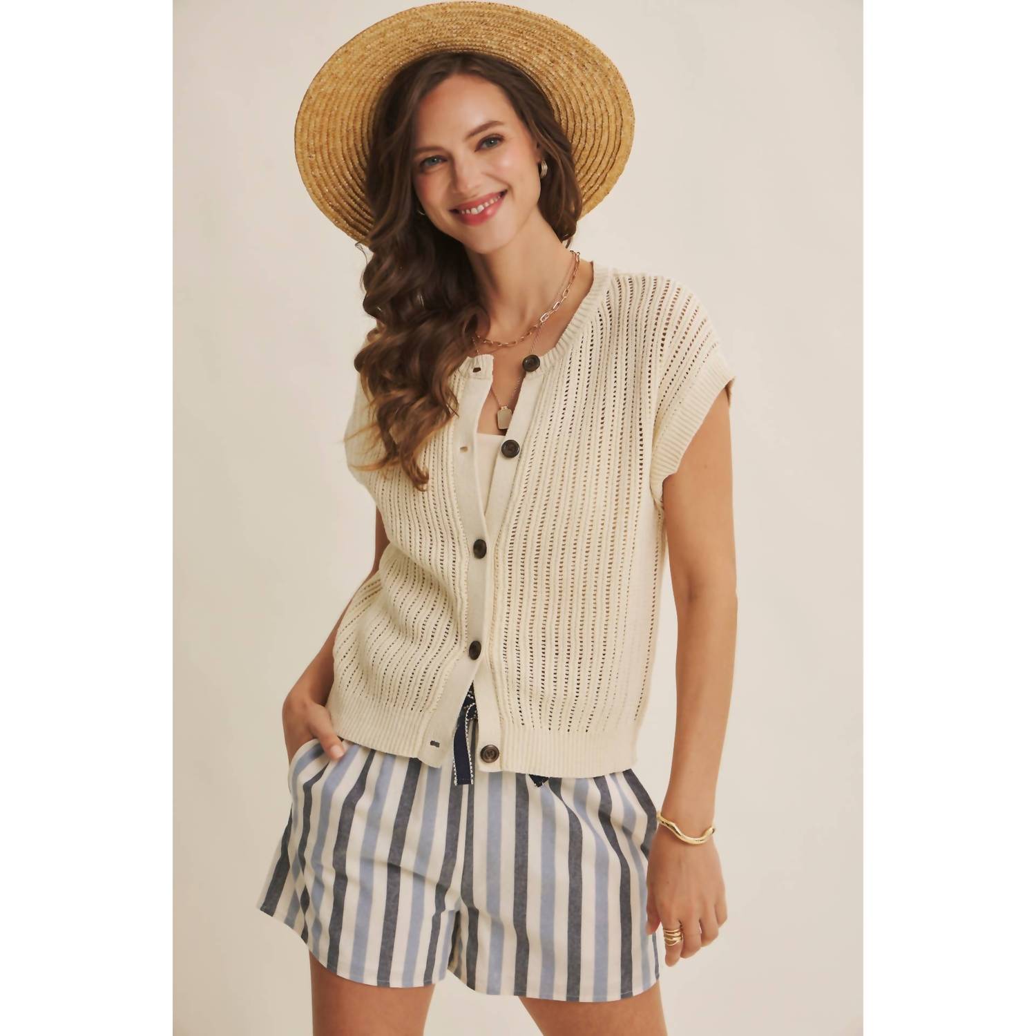In February - Breezy Open Knit Button-down Sweater Vest
