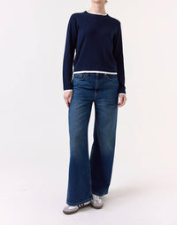 Brodie Cashmere Double Contrast Crew Neck Sweater in navy - women's sweater - view 4