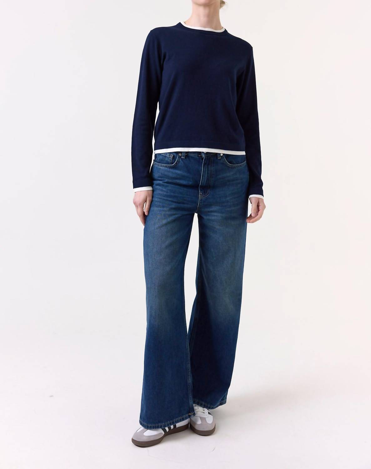 Brodie Cashmere Double Contrast Crew Neck Sweater in navy - women's sweater - view 4
