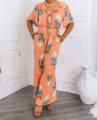 Surelymine - Peach Floral Ruffle Jumpsuit Wide-leg Summer One-piece