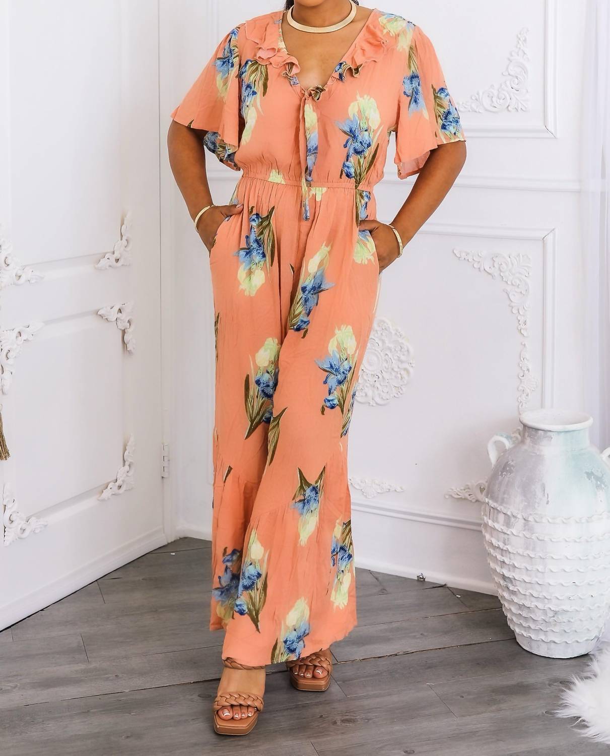 Surelymine - Peach Floral Ruffle Jumpsuit Wide-leg Summer One-piece