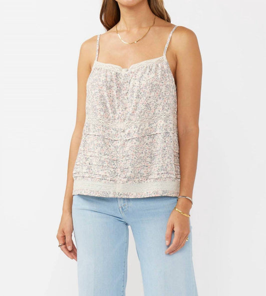 Lovestitch - Lace-trimmed Button Down Floral Spaghetti Tank Top
