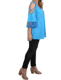 Umgee - Washed Cold Shoulder Lace Trim Top