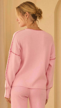 Skies Are Blue - Heart Embroidered Sweater With Blanket Stitch