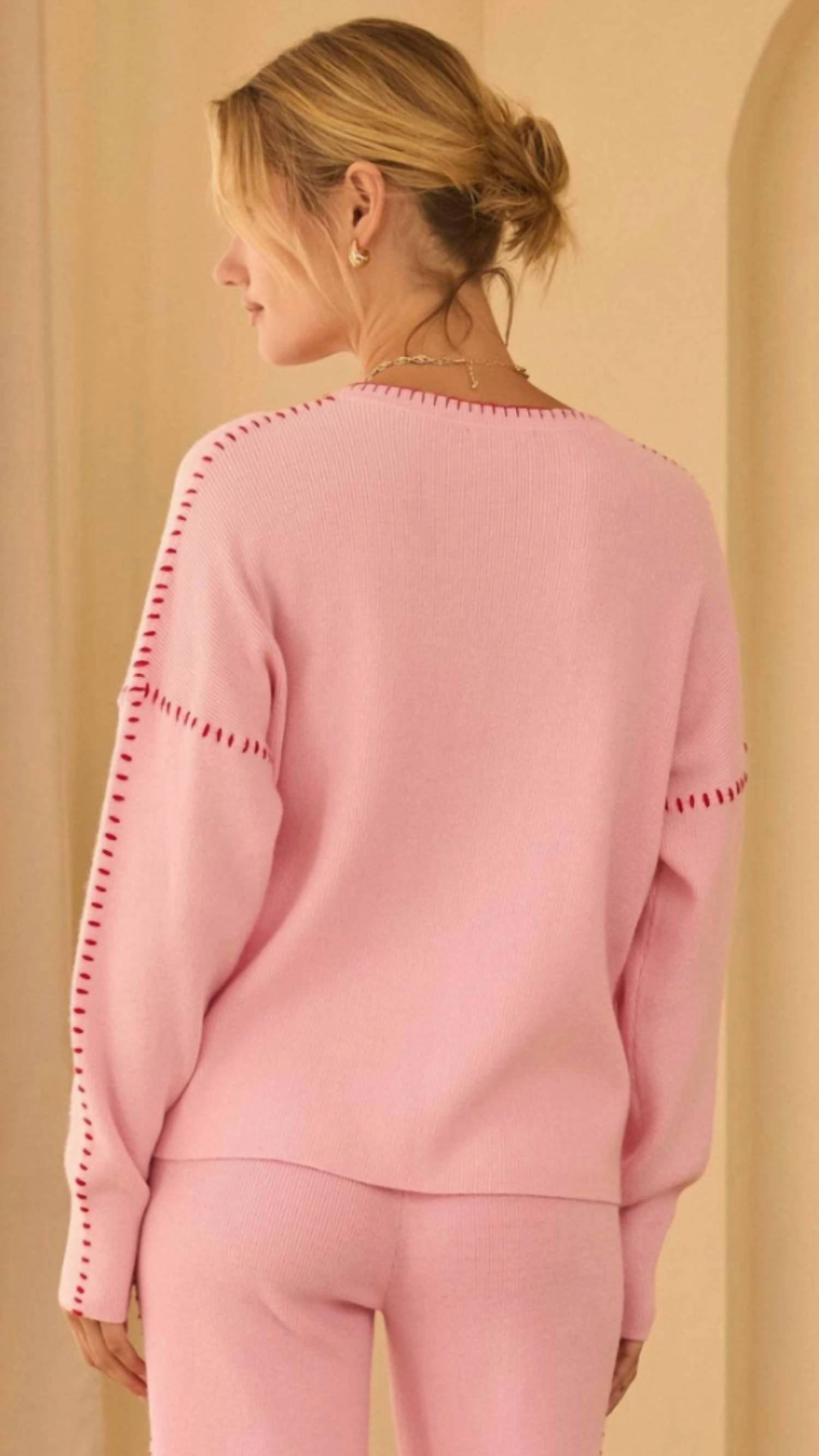 Skies Are Blue - Heart Embroidered Sweater With Blanket Stitch