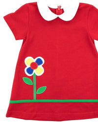 Florence Eiseman Kid's Pique Knit Dress With Flower Detail in red - kids' dress - detail view