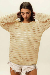 Bibi - Crew Neck Open Knit Sweater Top