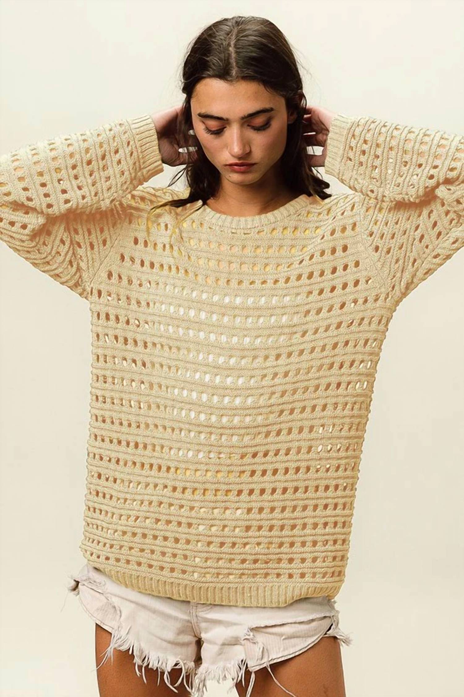 Bibi - Crew Neck Open Knit Sweater Top