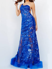 JOVANI One Shoulder Embellished Evening Gown in royal - women's dress