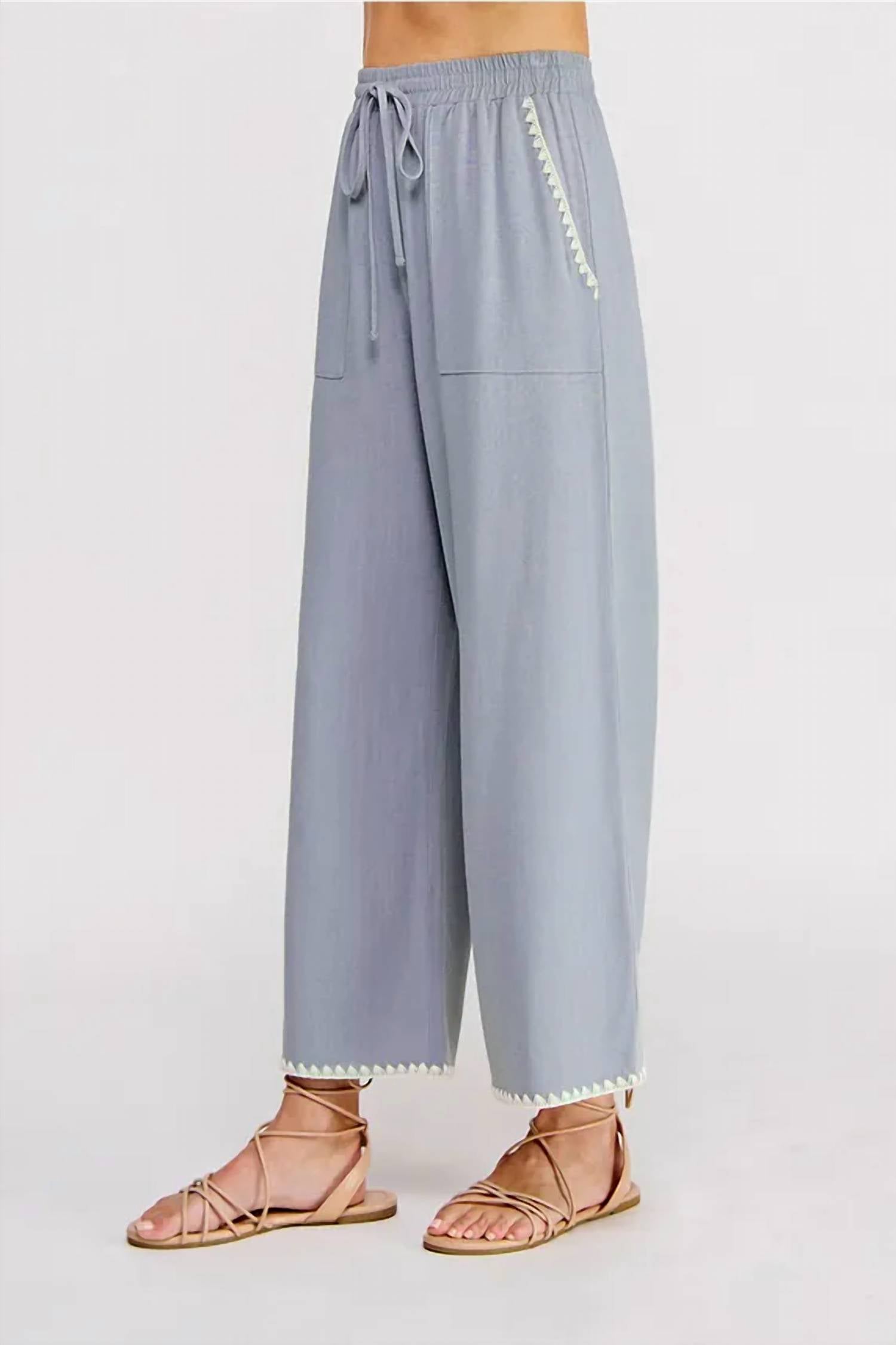Allie Rose - Embroidered Soft Linen Elastic Waist Ankle Pants