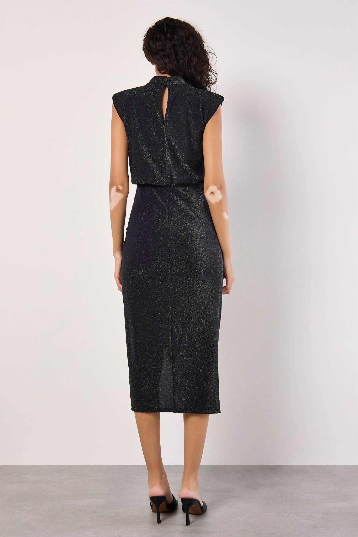 Apricot - Sparkle Mock Neck Ruched Dress