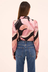 Misa Los Angeles Celine Top in moody abstract flora satin - women's shirt - detail view