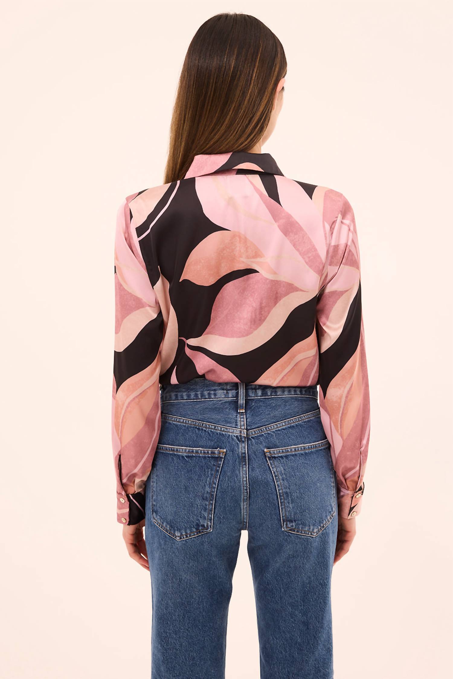 Misa Los Angeles Celine Top in moody abstract flora satin - women's shirt - detail view
