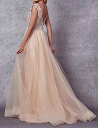 Ladivine - Plunging Neck Embroidery Beaded Illusion Prom Ballgown