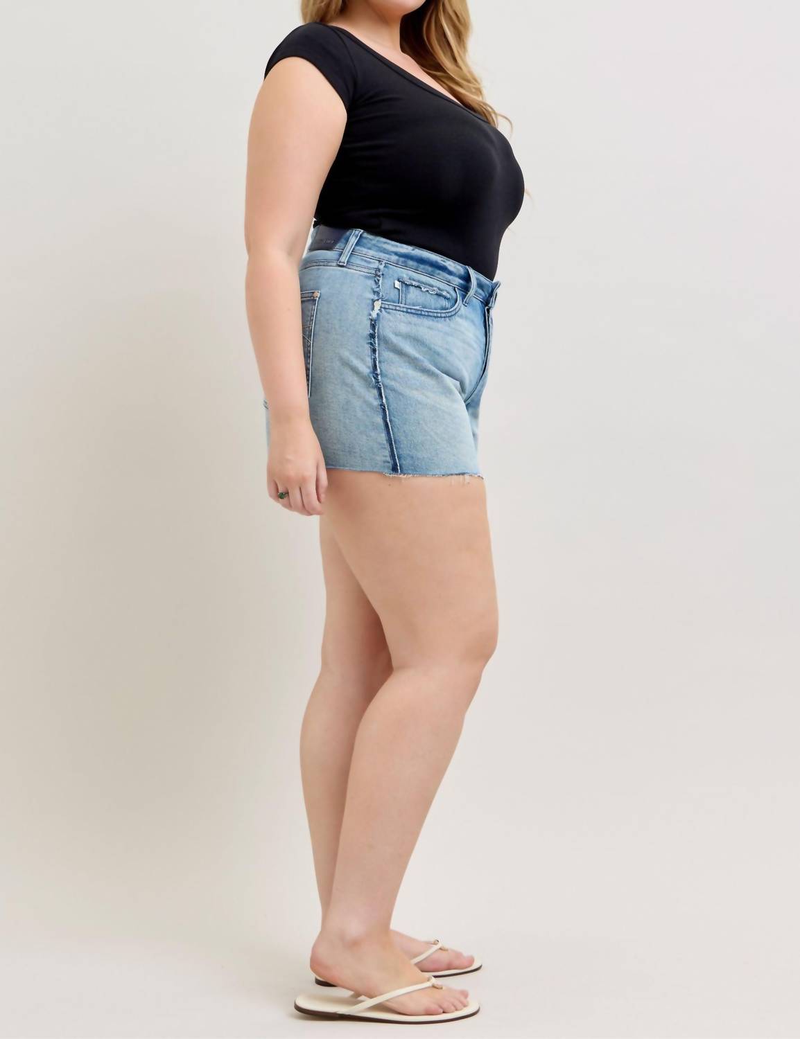 Judy Blue High Waist Rigid Magic Button Fly Raw Side Seams Denim Short in blue - women's shorts - view 9