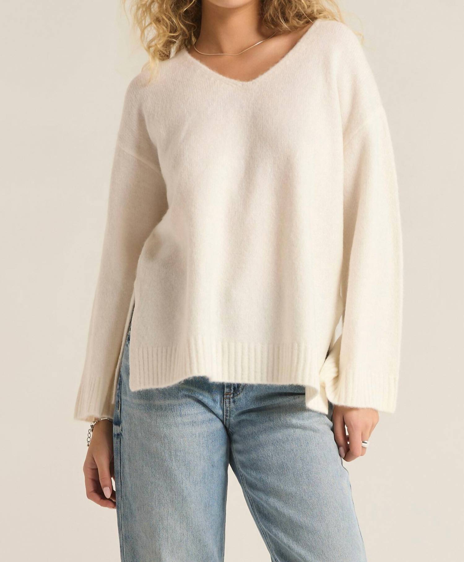 Z Supply Vee Neck Modern Sweater in white - women's sweater