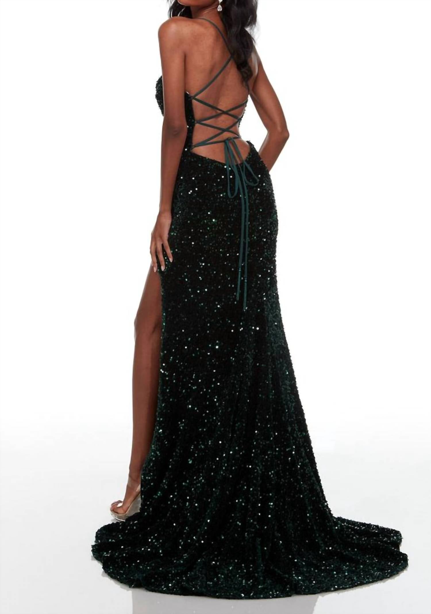 ALYCE PARIS Sequined Cowl Prom Gown With Slit in hunter - women's dress - detail view