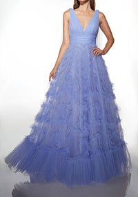 Alyce Paris - Long V-neckline Ruffled A-line Gown