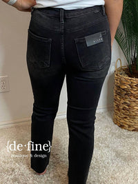 Risen - Washed Mid Rise Raw Hem Straight Jeans