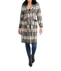 LOVE TOKEN Plaid Long Belted Cardigan Coat in beige multi - women's jacket