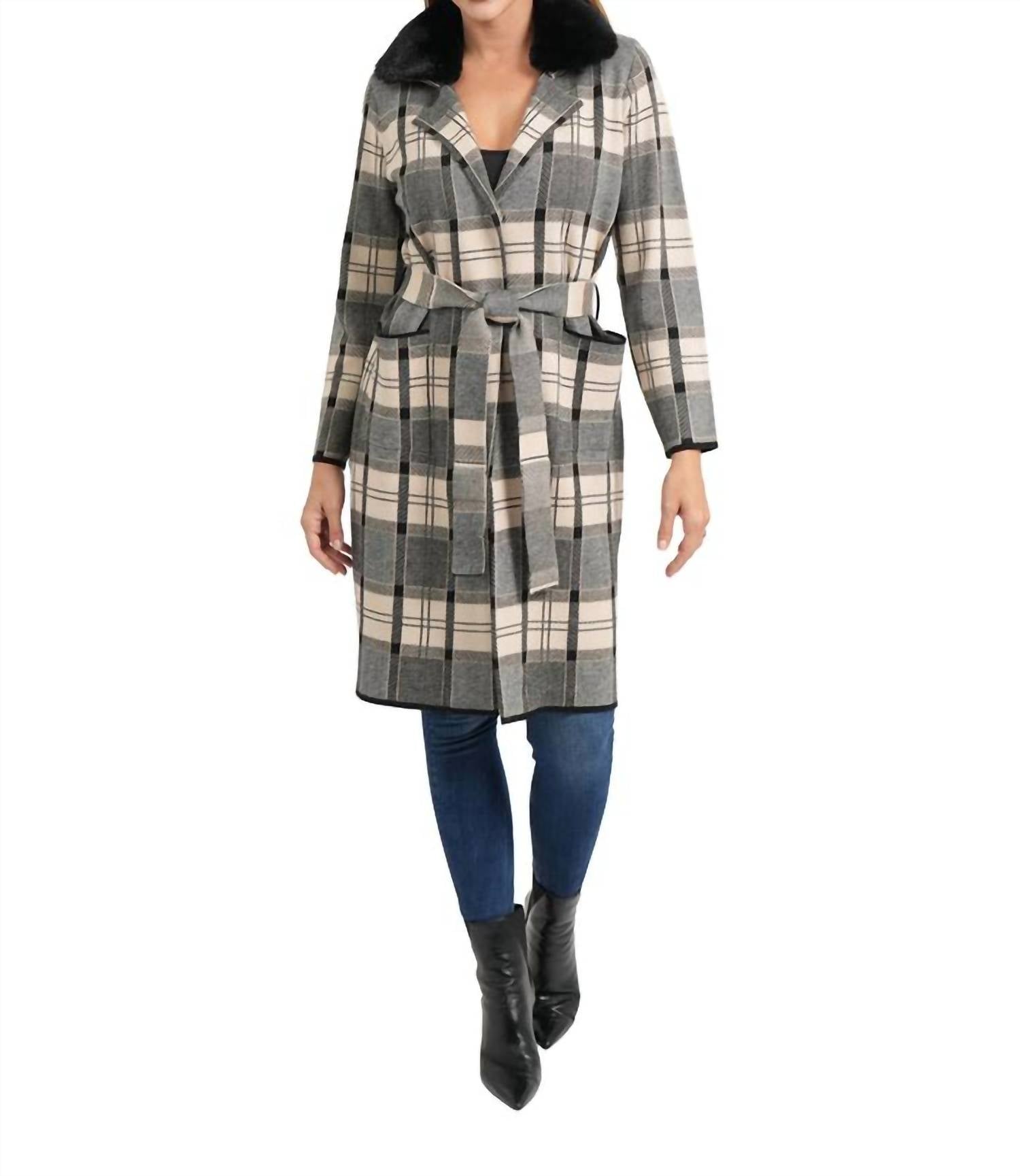 LOVE TOKEN Plaid Long Belted Cardigan Coat in beige multi - women's jacket