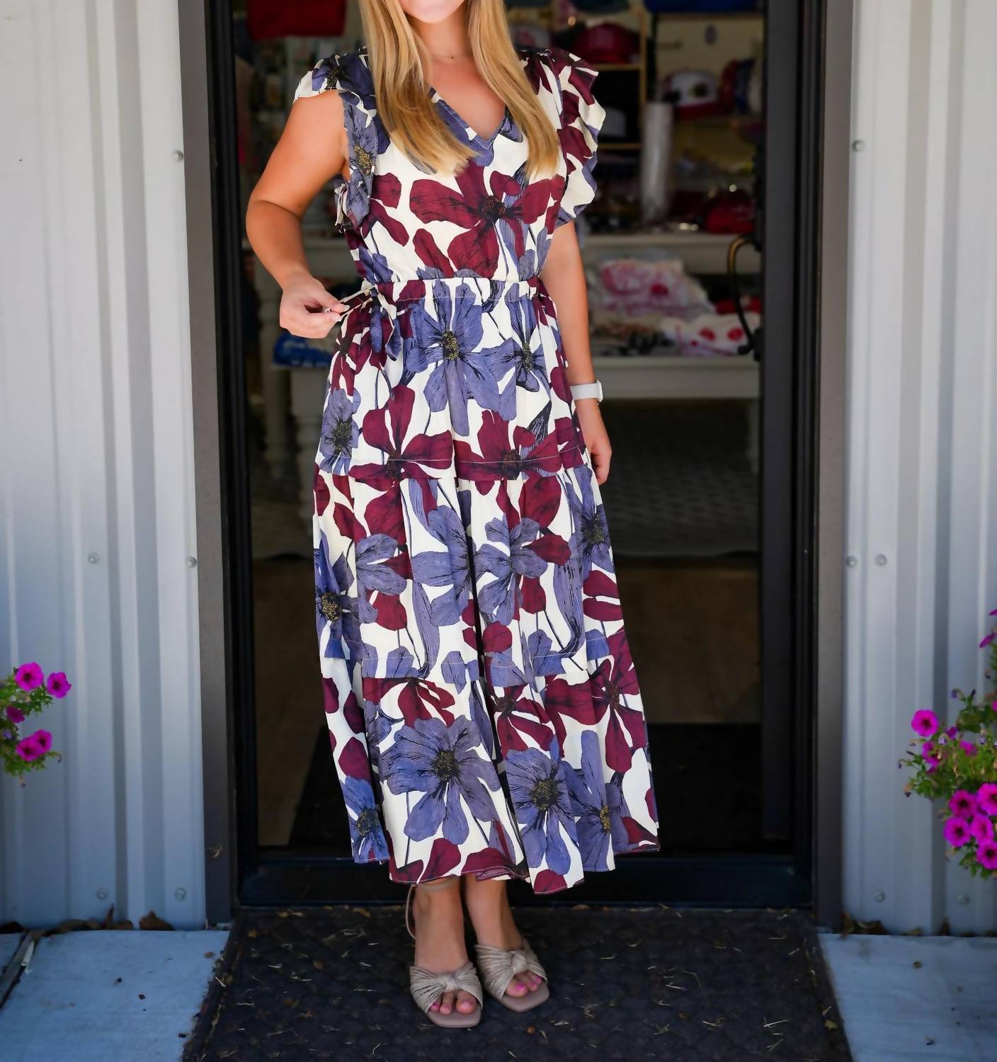 Doe And Rae - Floral Satin Ruffle Tiered Midi Dress