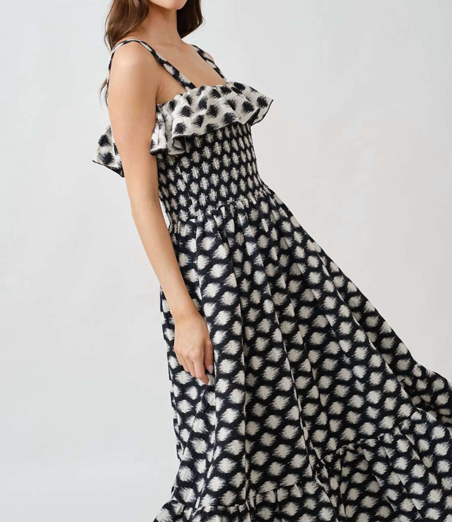 Maude Club Women's Ikat Dotted Smocked Midi Dress in black - women's dress - detail view