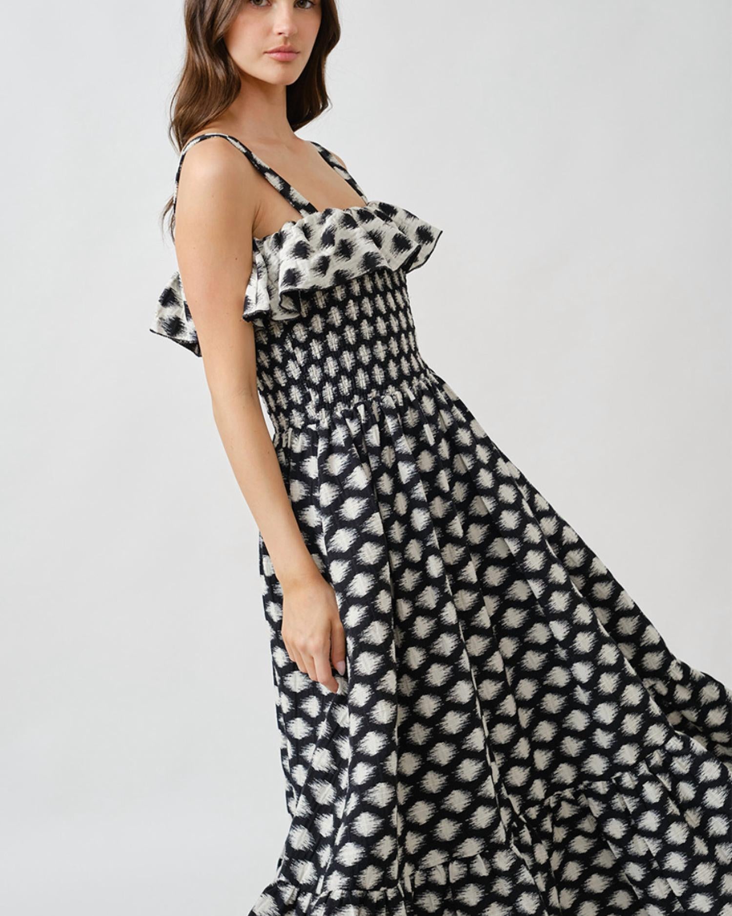Maude Club Women's Ikat Dotted Smocked Midi Dress in black - women's dress - alternate view