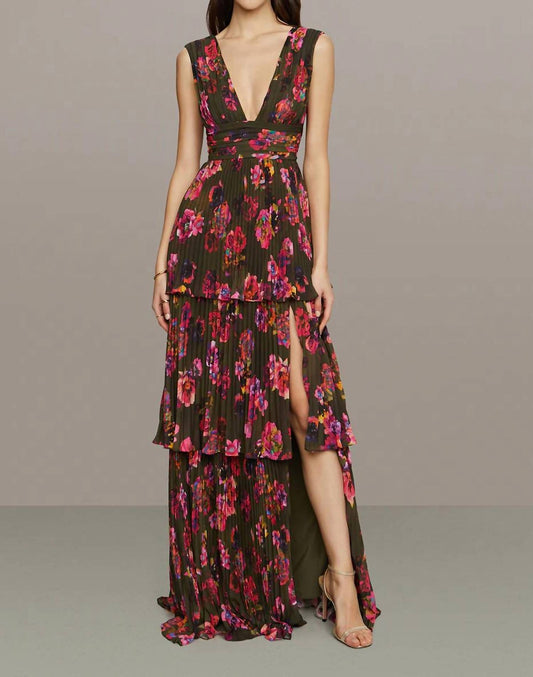 Amur - Women's Earthy Garden Fleur Deep V Pleated Gown