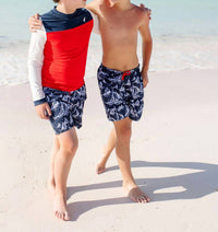 The Beaufort Bonnet Company Boy's Tortola Swim Trunk in st simon s sailboat with richmond red - kids' item - alternate view