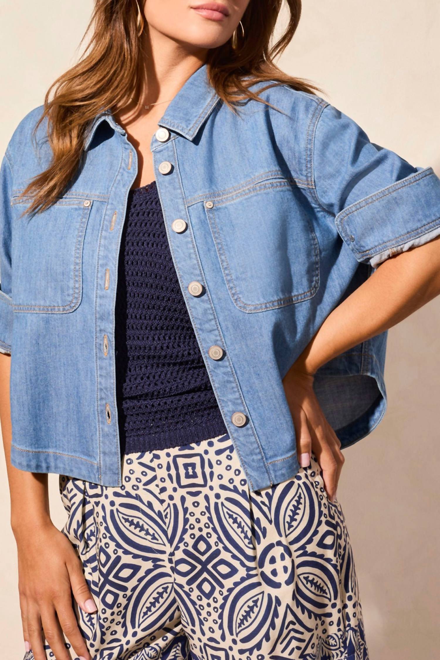 Tribal - Light Denim Crop Long Sleeve Shirt