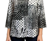 Lady Liberty Fashion 3/4 Sleeve Scoop Neck Multi Designs Top in black white - women's long sleeve top