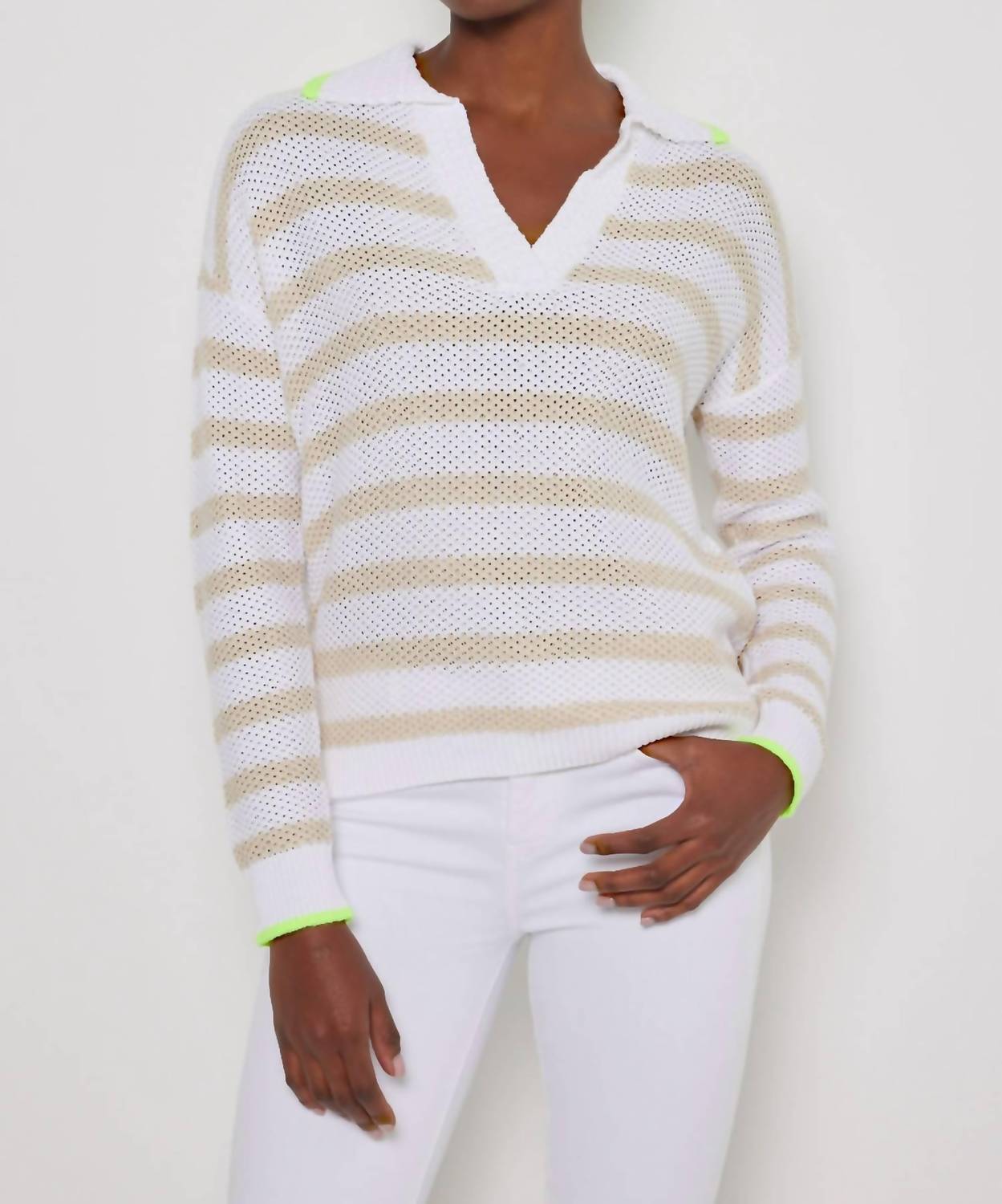 LISA TODD Women's Stripescape Polo Collar Cotton Sweater in white almond - men's sweater - detail view