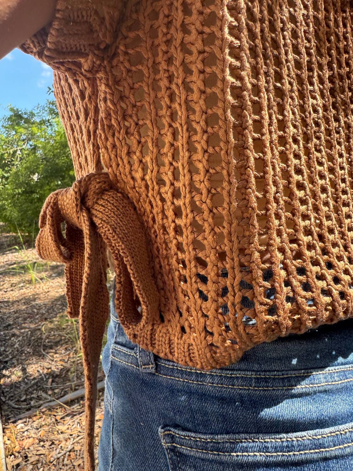 Heyson - Open Knit Short Sleeve Sweater Top With Side Ties