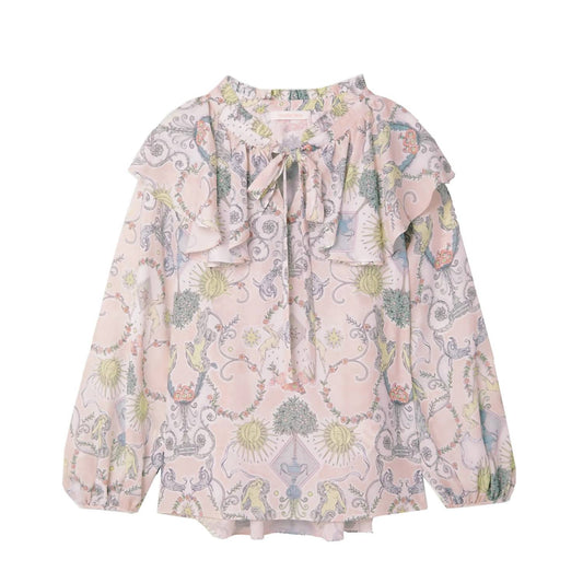 Women Pussy-Bow Ruffled Printed Crepe de Chine Top Blouse