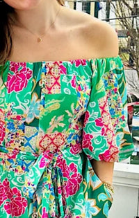Jade - Garden Quilt Off-shoulder Flared Midi Dress